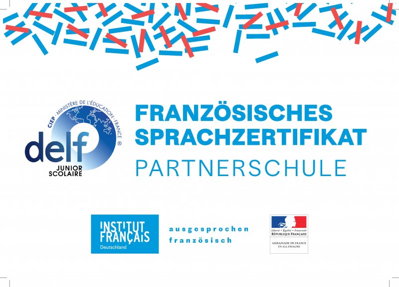 Signet „Französisches Sprachzertifikat DELF — Partnerschule“, mit den Logos des Institut français und der französischen Botschaft